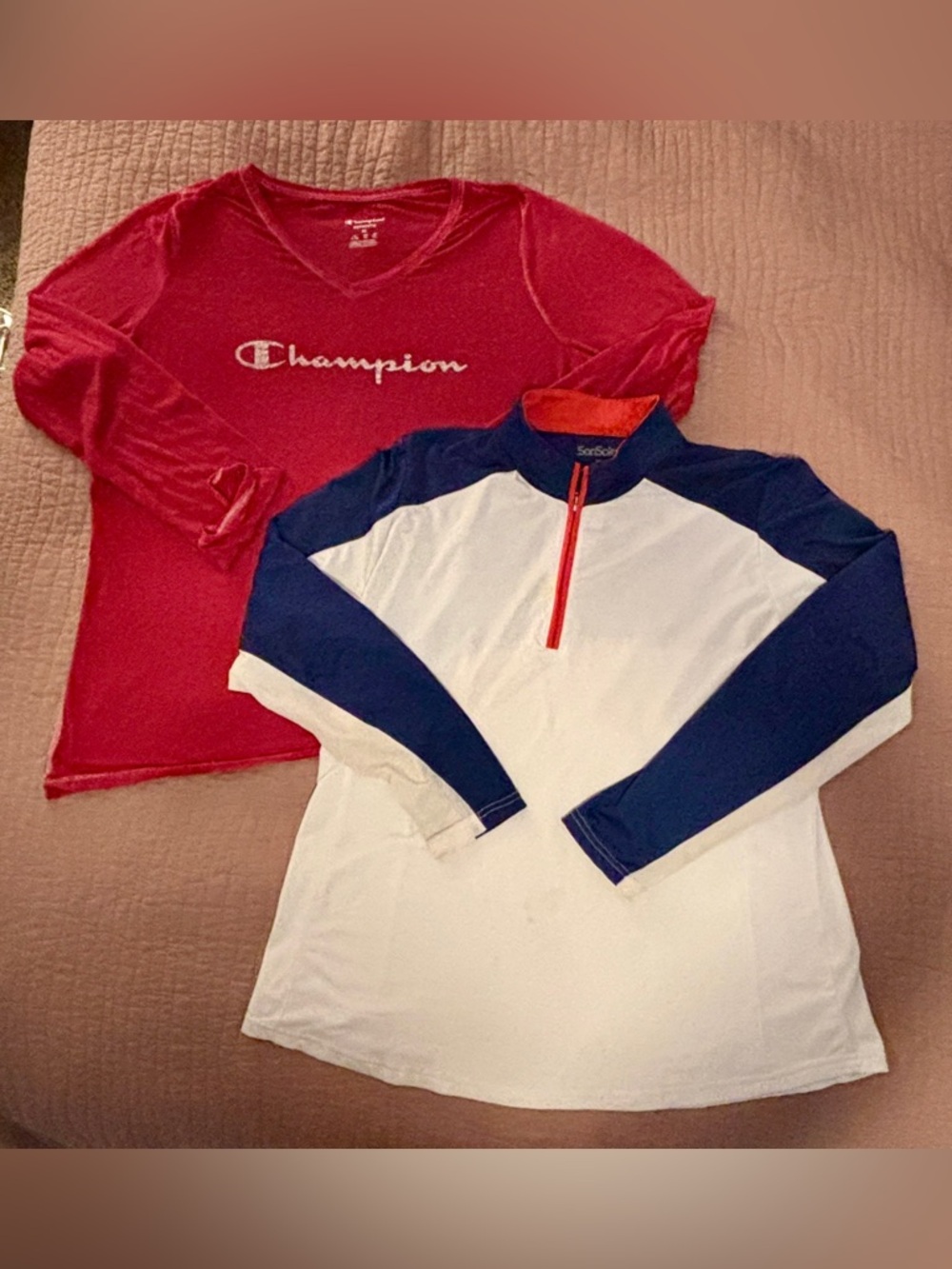Champion Red Long-Sleeve Logo Top & White Navy Quarter-Zip Pullover